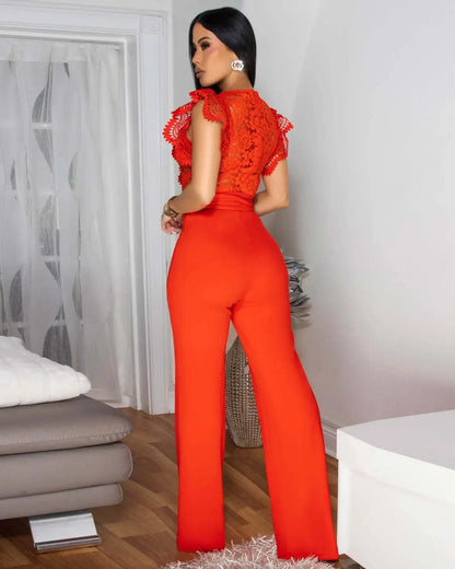 Women Lace See Though Patchwork Short Sleeve V-neck Jumpsuits Summer Vacation One Piece Set Streetwear Fitness Jumpsuit Badiee Stylez