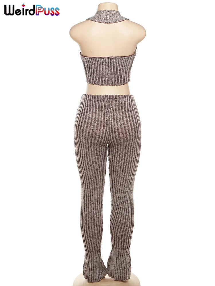 Weird Puss Patchwork Striped Women Casual 2 Piece Set Crochet Halter Low-Neck Vest+Pocket Pants Stretch Skinny Matching Suit Badiee Stylez