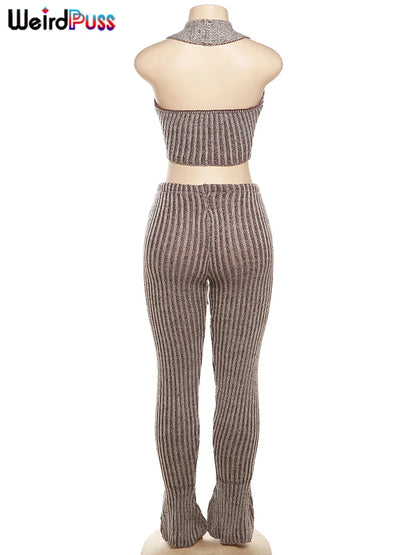Weird Puss Patchwork Striped Women Casual 2 Piece Set Crochet Halter Low-Neck Vest+Pocket Pants Stretch Skinny Matching Suit Badiee Stylez