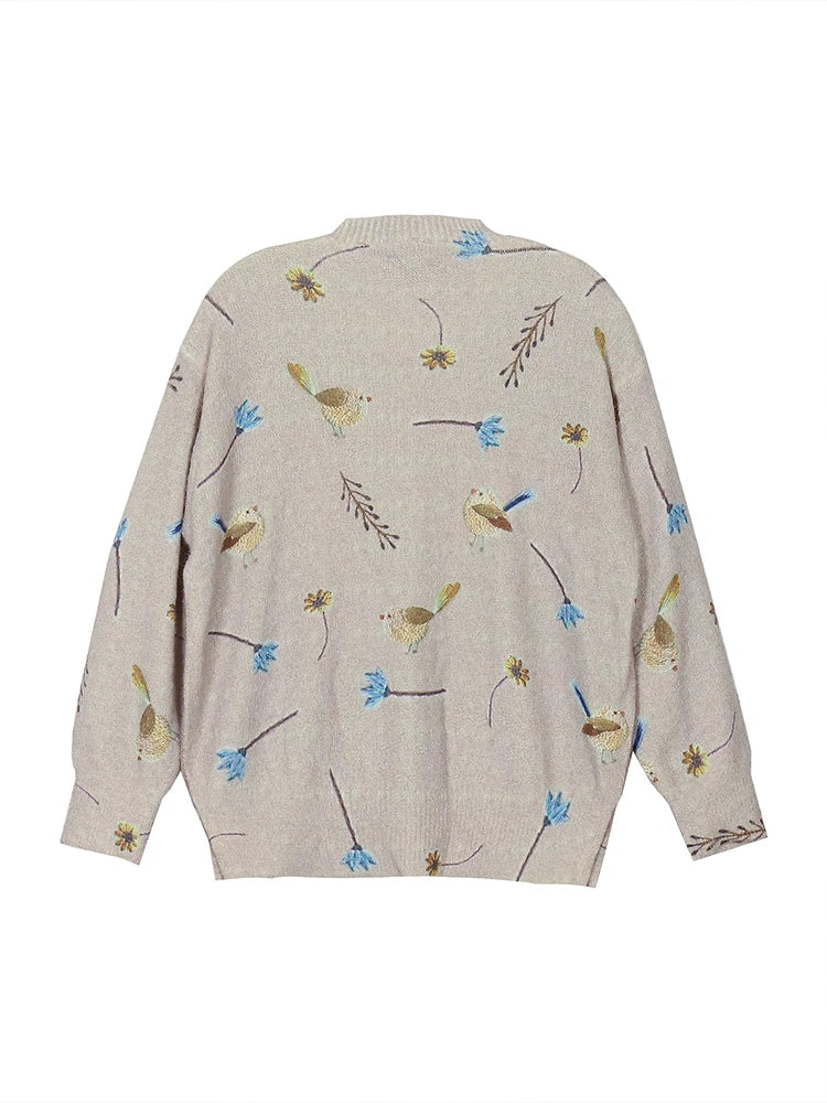 plus Size Bird Print round Neck Pullover Sweater Elegant Long Sleeve Autumn Spring New 2024 Women's Fashion