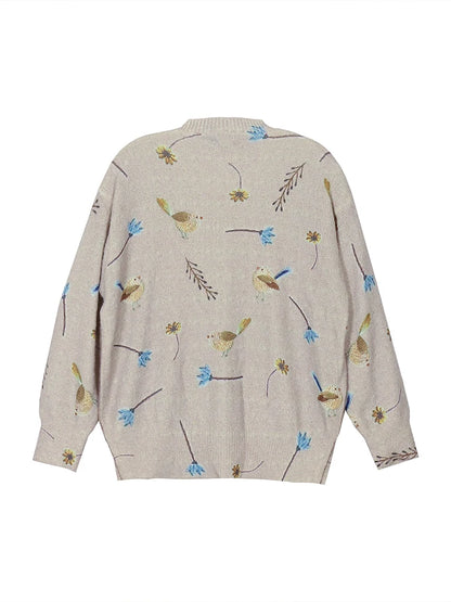 plus Size Bird Print round Neck Pullover Sweater Elegant Long Sleeve Autumn Spring New 2024 Women's Fashion
