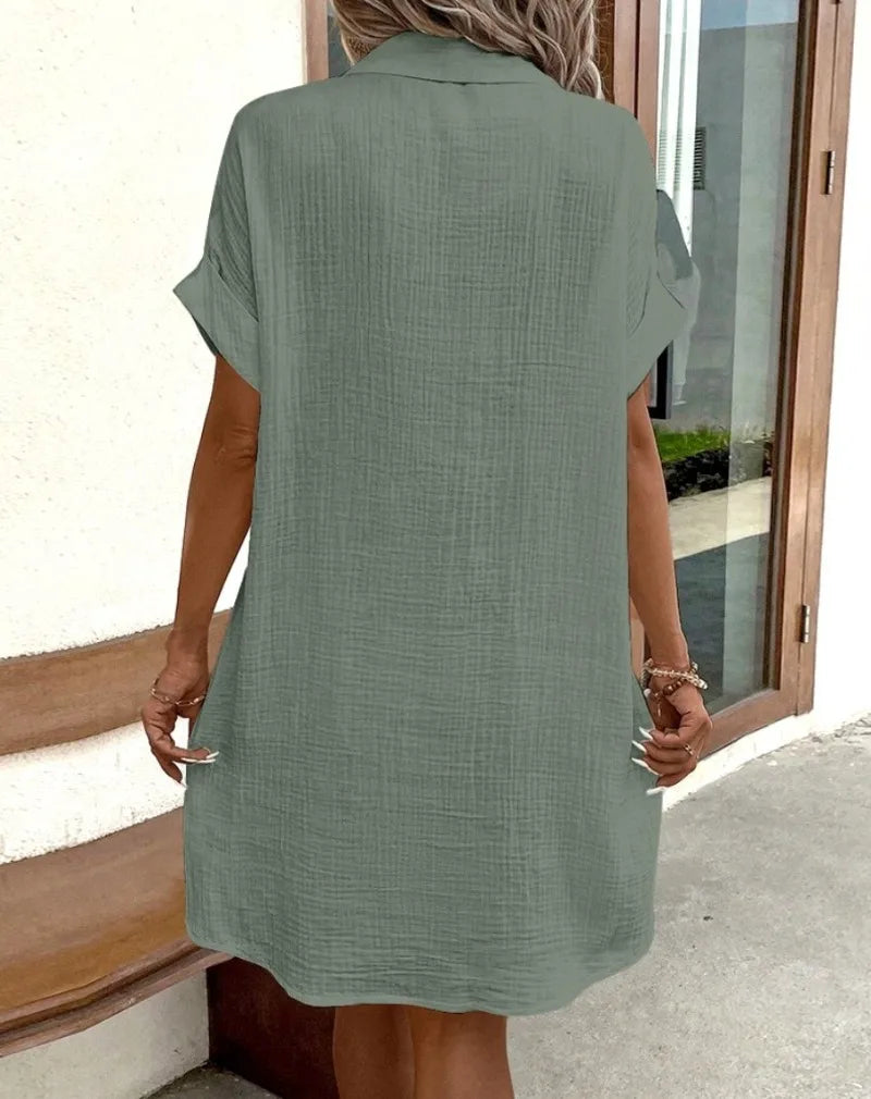 Women's Fashion Summer Minimalist V-neck Button Up Dress Woman Cotton Linen White Short Sleeved Pocket Casual Loose Shirt Dress Badiee Stylez