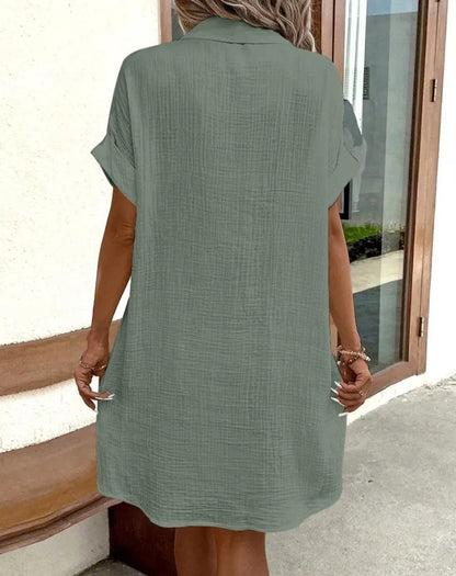 Women's Fashion Summer Minimalist V-neck Button Up Dress Woman Cotton Linen White Short Sleeved Pocket Casual Loose Shirt Dress Badiee Stylez