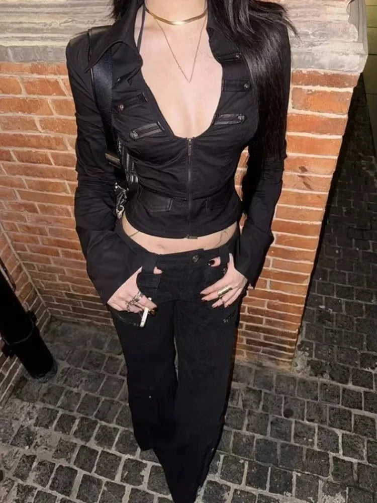 Gothic Y2k Aesthetic Women Sexy Hollow Out T-shirt Vintage Lace Patchwork Streetwear Grunge Tops Harajuku Slim Fit Black Tees 823 Black