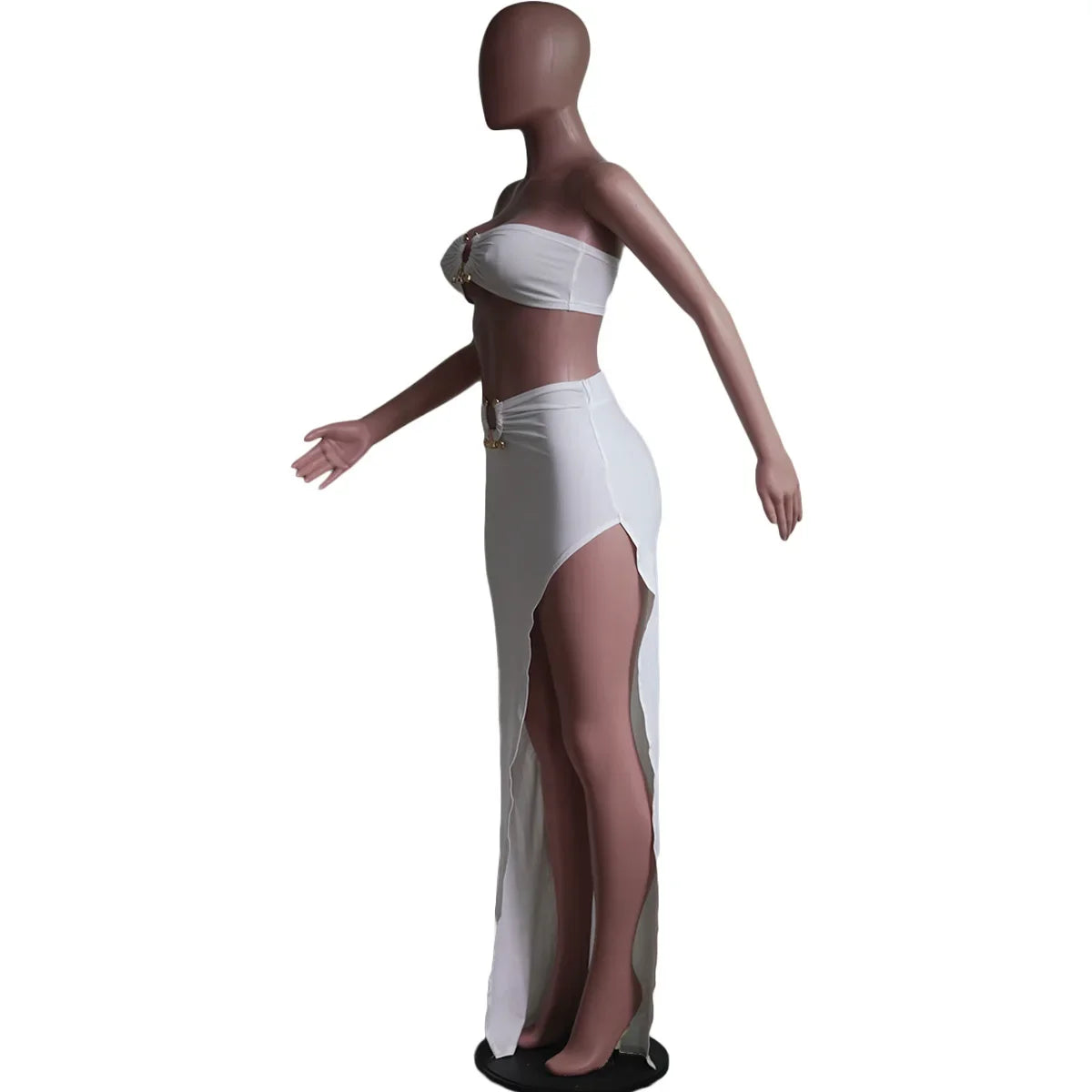 New Chic Gold Ring Bandeau Slit Skirt Two-Piece Set Womens Beautiful Off Shoulder Matching Skirt Set Nightclub Outfits Badiee Stylez