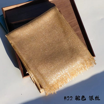 Lastest Brand Design Scarf Shiny Solid Color Shawls Rayon Fabric Gold Silk Silver Wire Head Shawl Fringe Hijab For Women 22