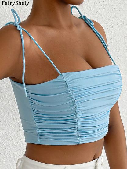 Fairyshely Sexy Female Summer Tied Strap Top 2025 Women Lace Sleeveless Bodycon Short Vest Lady Blue Off Shoulder Clud Crop Tops