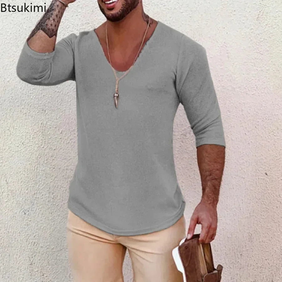 2025 Men's Casual Long Sleeve Kniited Sweaters Thin Style Mens Spring Autumn Clothing Solid V Neck Knitting Pullover Knit Tops Badiee Stylez