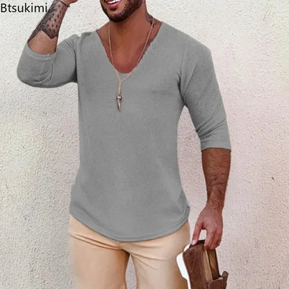 2025 Men's Casual Long Sleeve Kniited Sweaters Thin Style Mens Spring Autumn Clothing Solid V Neck Knitting Pullover Knit Tops Badiee Stylez
