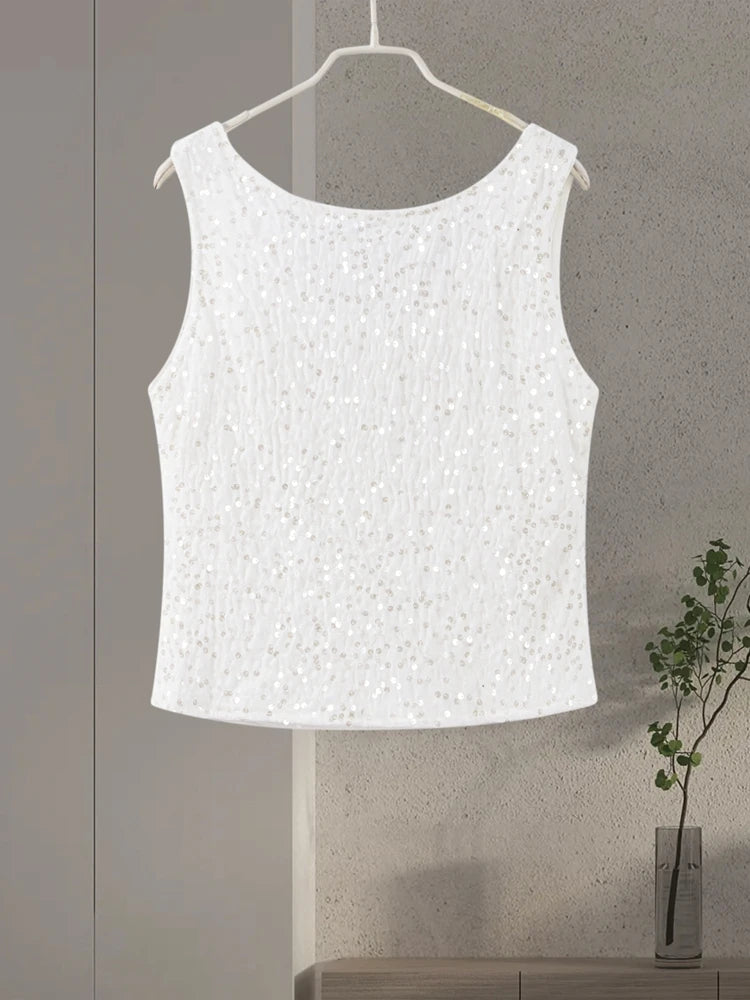 O-neck Vest Mini Skirt Suits Women Sexy sparkly Sequined Sleeveless Tank Tops With Bodycon Short Skirts Fashion Ladies Beachwear