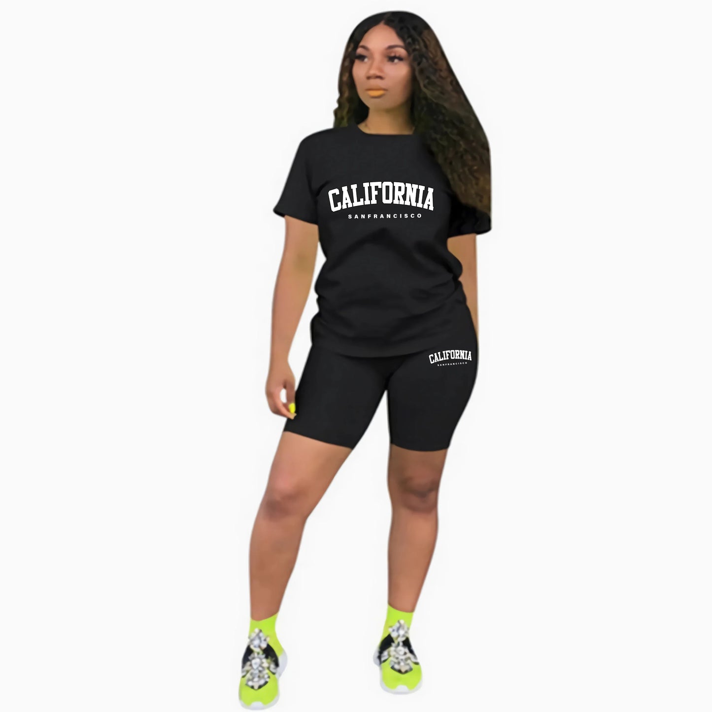 Womens Summer Tracksuit Print T-Shirt+Shorts 2 Piece Sets Fashion Sportswear Clothing Luxury Casual Jogging Short Sleeve Suit Black