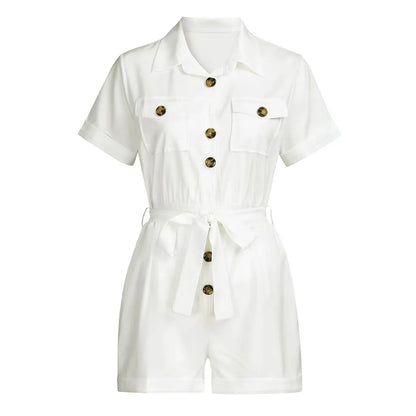 Summer New Solid Short Style Jumpsuit For Women Fashion Lapel Single Breasted Lace Up Jumpsuits Elegant Office Lady Commuting