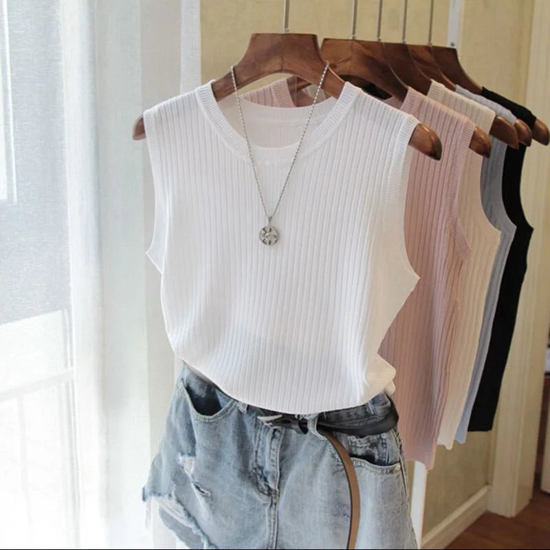 Summer Women Knitted Loose Sweater Vests Sexy O-Neck Sleeveless Knitwear Tank Tops YRFZ-N6634