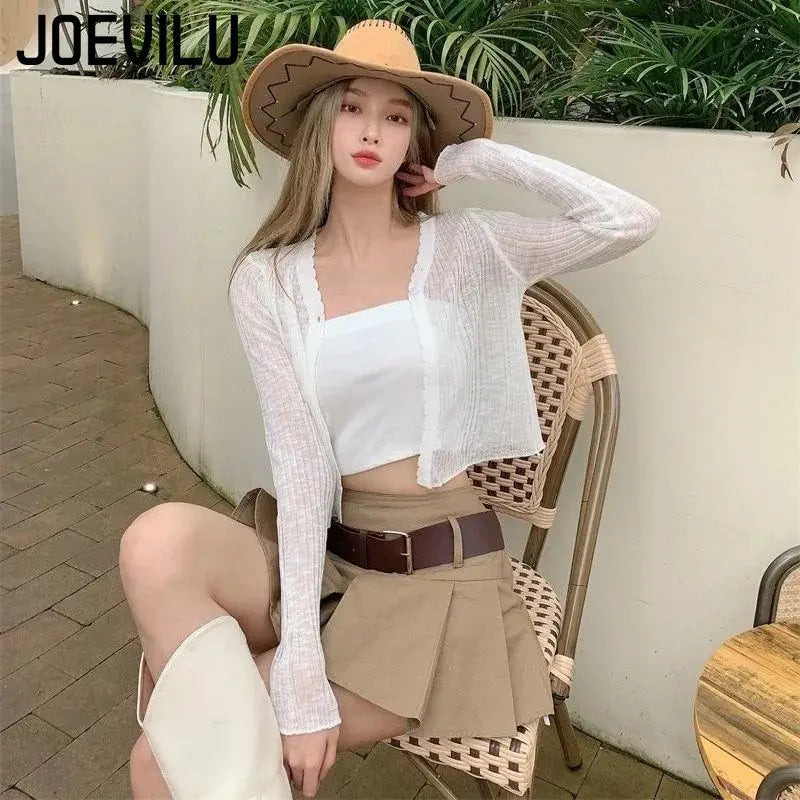 JOEVILU Thin Sunscreen Shirt Women's Summer Outerwear Crop Tops Hollow Out White Long-sleeved Cardigan Elegant Casual Shawl Coat