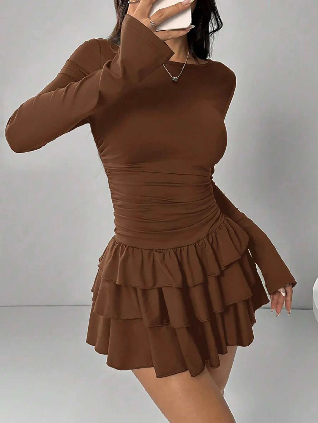 2025 Autumn Solid Slim Fit Cascading Ruffles Mini Dress Winter Women Elegant Flare Sleeve High Waist Sexy Party Bodycon Dresses Badiee Stylez