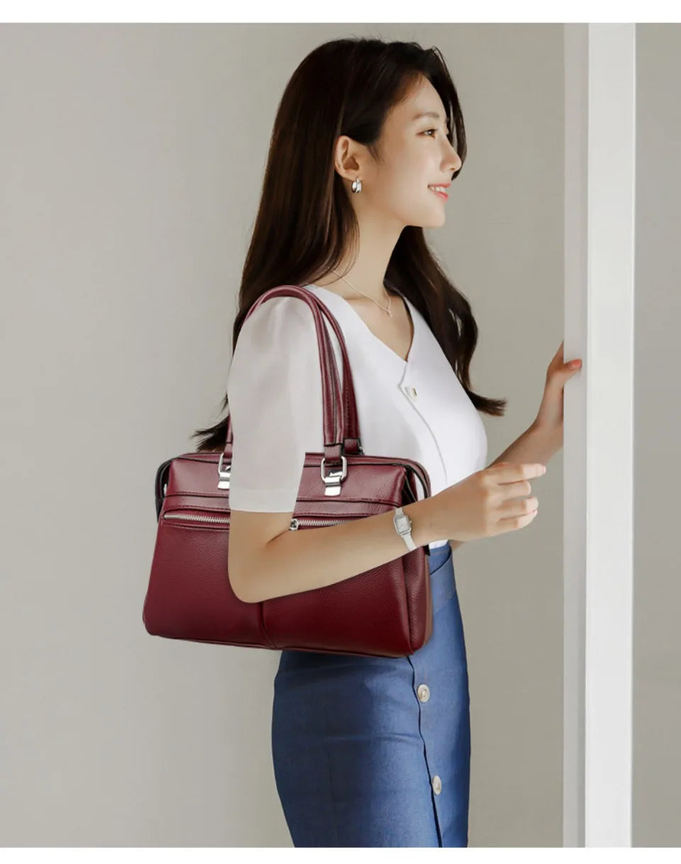 Two Pockets Genuine Brand High Quality Leather Casual Tote Luxury Handbags Women Bags Designer Shoulder Hand Bags for Women Sac