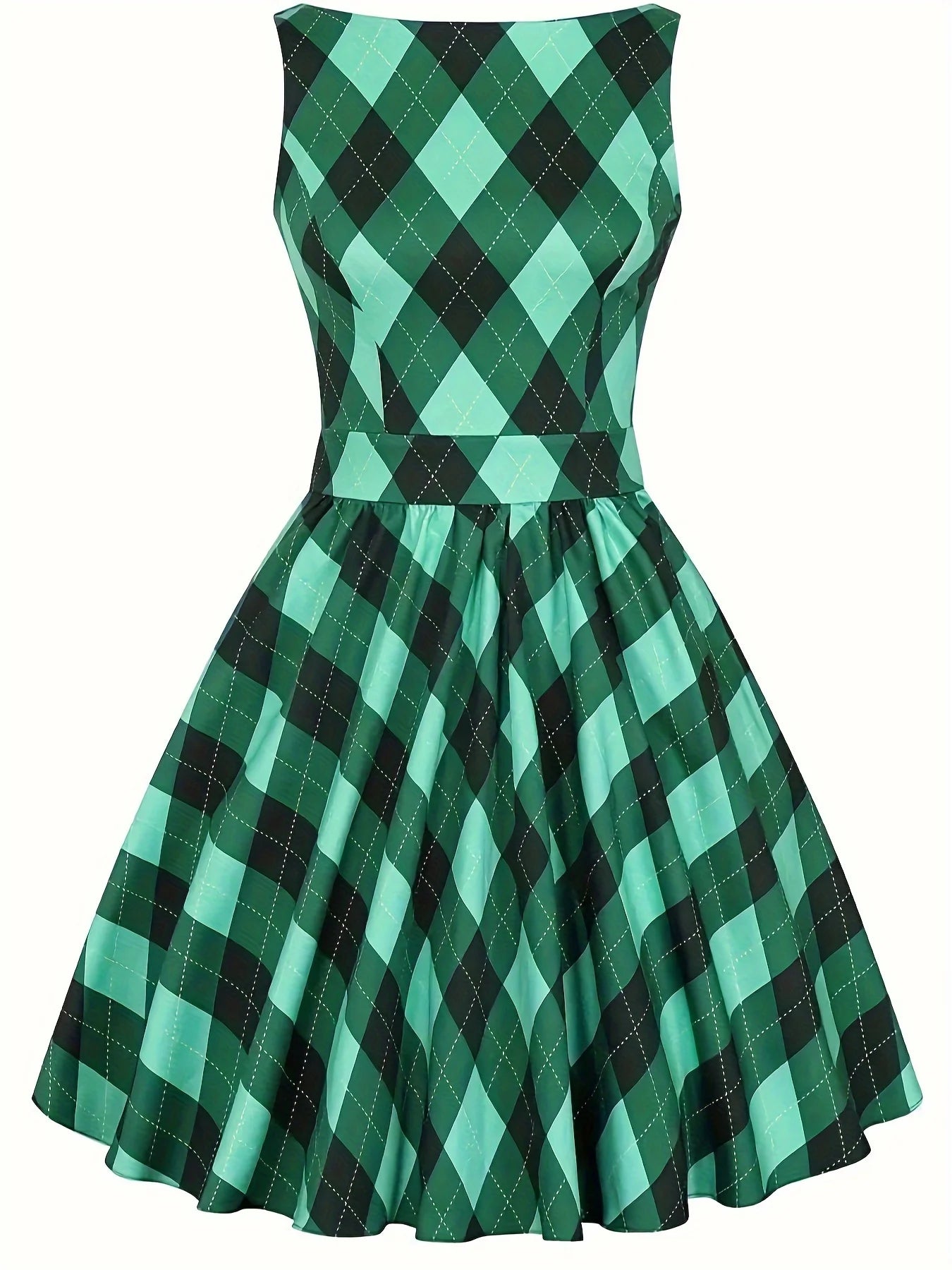 Plus Size Elegant Sleeveless Plaid Dress A-line Skirt Lightweight Fabric Back Zipper Waist Slimming Spring/Summer Party Choices