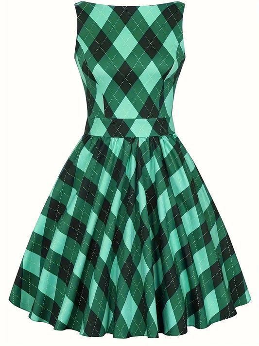 Plus Size Elegant Sleeveless Plaid Dress A-line Skirt Lightweight Fabric Back Zipper Waist Slimming Spring/Summer Party Choices