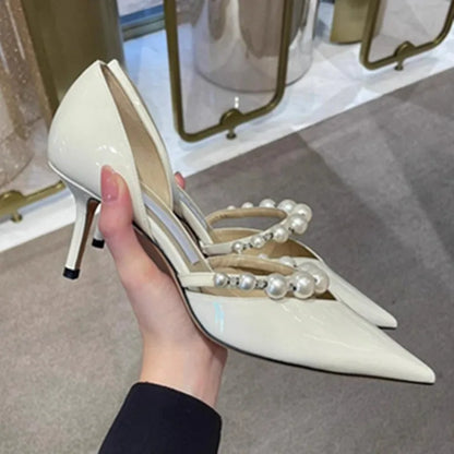 Spring/Summer New Pointed High Heels Hollow Fashion Banquet Pearl Hollow V-Mouth Women's Thin Heels Shallow Mouth Sandals white7.5cm