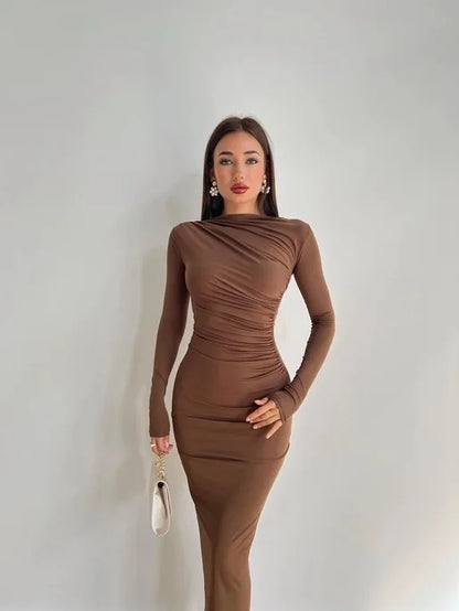 Sexy Bodycon Long Sleeve Midi Dress Women 2024 Autumn Slim Solid Party Package Hip Elegant Dresses For Women Robe Femme
