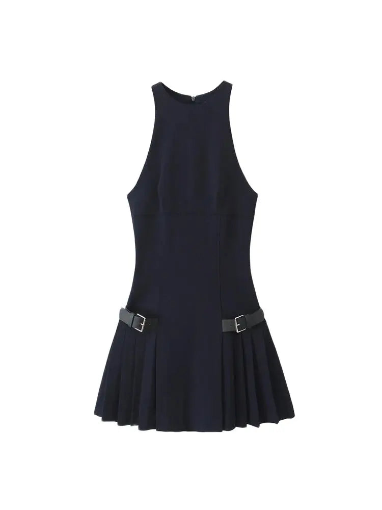 TRZA-Pleated Mini Dress with Side Loops for Women, Halter Neck, Back Zipper, Female Dresses, Chic Fashion Badiee Stylez