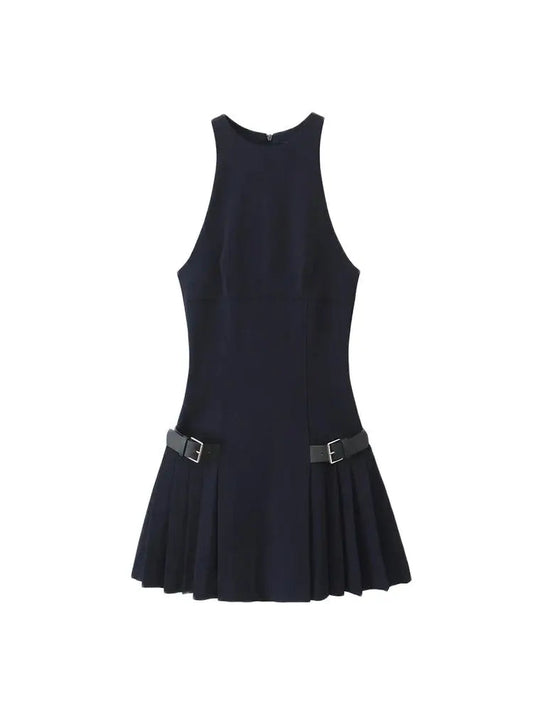 TRZA-Pleated Mini Dress with Side Loops for Women, Halter Neck, Back Zipper, Female Dresses, Chic Fashion Badiee Stylez