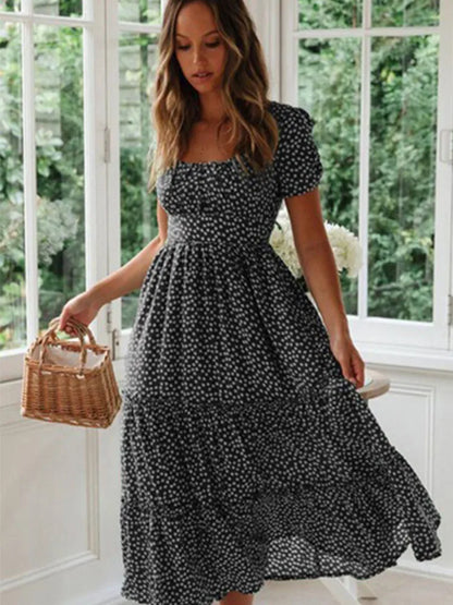 Vestidos Vintage Vintage Print Puff Sleeve summer Beach sweet dresses Casual Square collar floral maxi long dress festa black