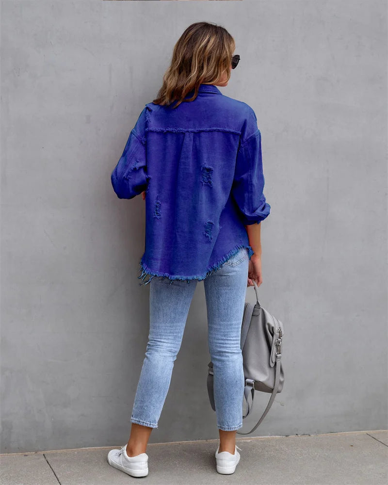 2025 Spring Autumn Shirt Style Denim Jacket Women Holes Raw-edges Jeancoat Casual Tops Female Oversize Loose Outerwear 7 Colors