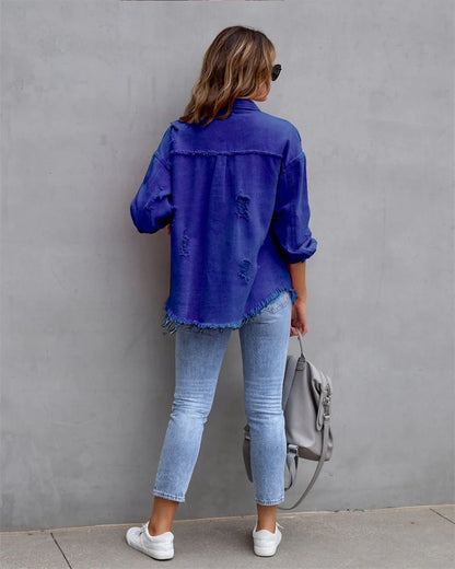 2025 Spring Autumn Shirt Style Denim Jacket Women Holes Raw-edges Jeancoat Casual Tops Female Oversize Loose Outerwear 7 Colors