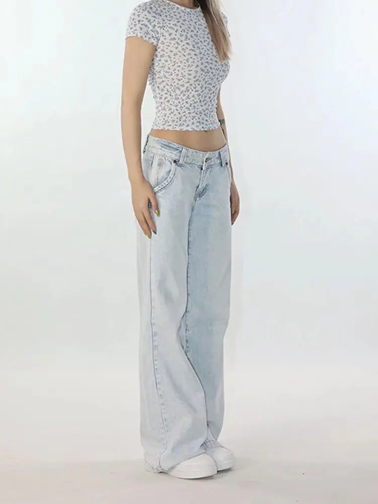 Warenew Light Blue Low Waist Jeans Woman Streetwear American Vintage Denim Pants Female Casual Washed Straight Pantalons Mujer