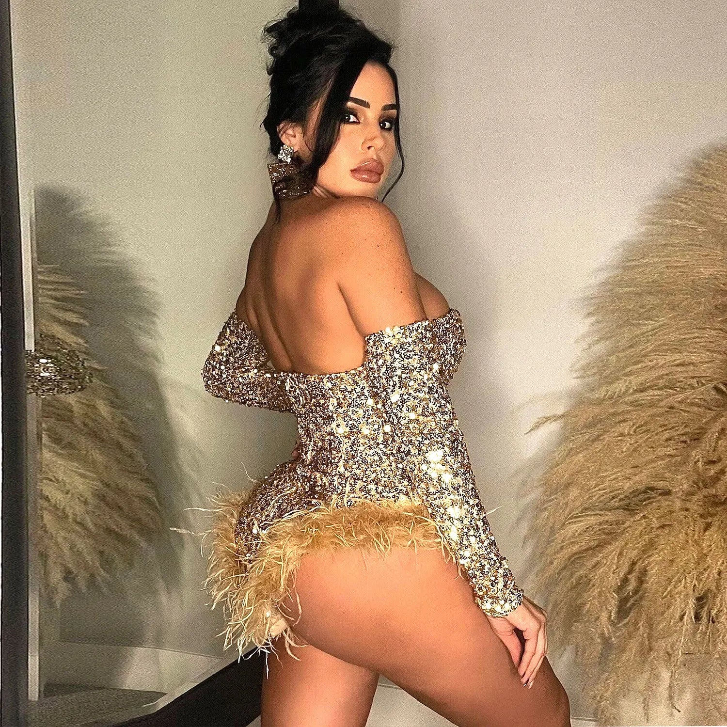 Women's Elegant Sequined Feather Slim Patchwork Bodysuits Spring Summer New Sexy Bodysuits Women Long Sleeve Backless Bodysuits