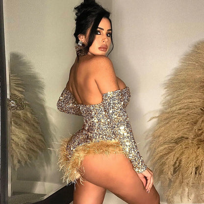 Women's Elegant Sequined Feather Slim Patchwork Bodysuits Spring Summer New Sexy Bodysuits Women Long Sleeve Backless Bodysuits