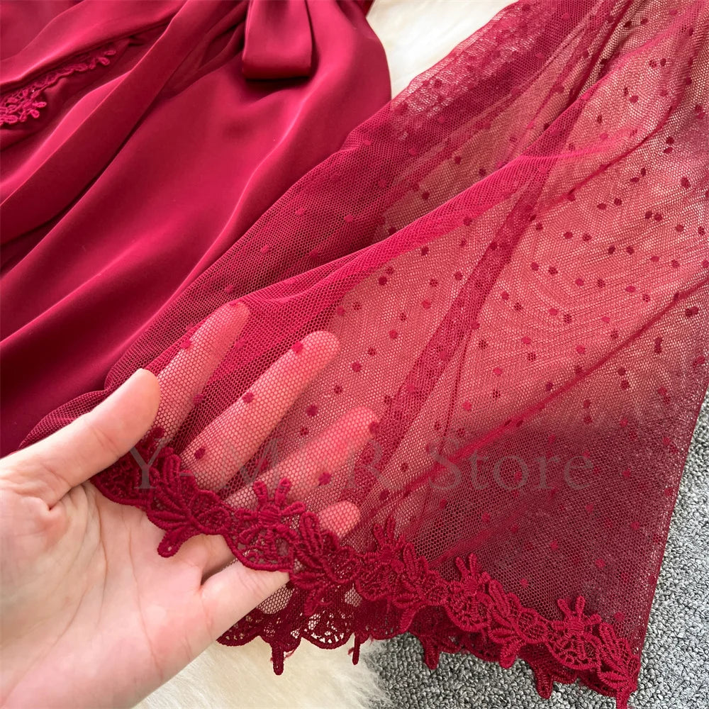 Sexy Embroider Edge Lady Kimono Bathrobe Dress Gown Mesh Sleeve Wedding Long Robe Sleepwear Loose Silk Satin Nightwear Lingerie