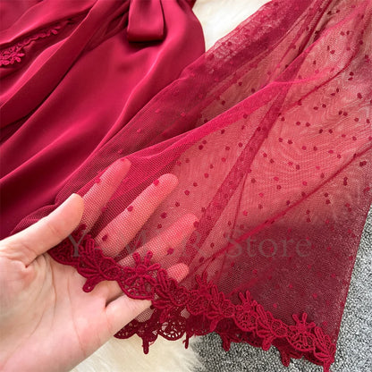 Sexy Embroider Edge Lady Kimono Bathrobe Dress Gown Mesh Sleeve Wedding Long Robe Sleepwear Loose Silk Satin Nightwear Lingerie