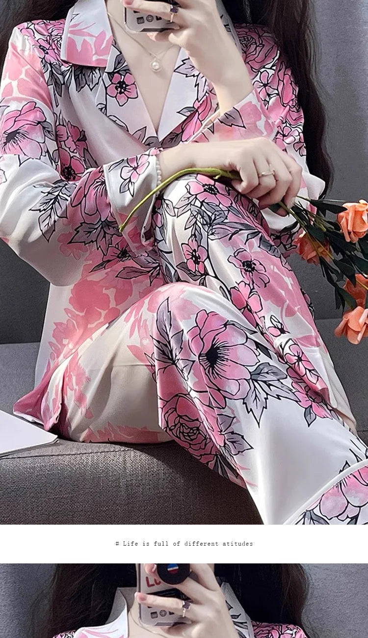 Korean Style Women's Two-piece Pajamas Sets Fashion Flower Print Faux Silk Satin Sleepwear Female Long Sleeve Pants Housewear
