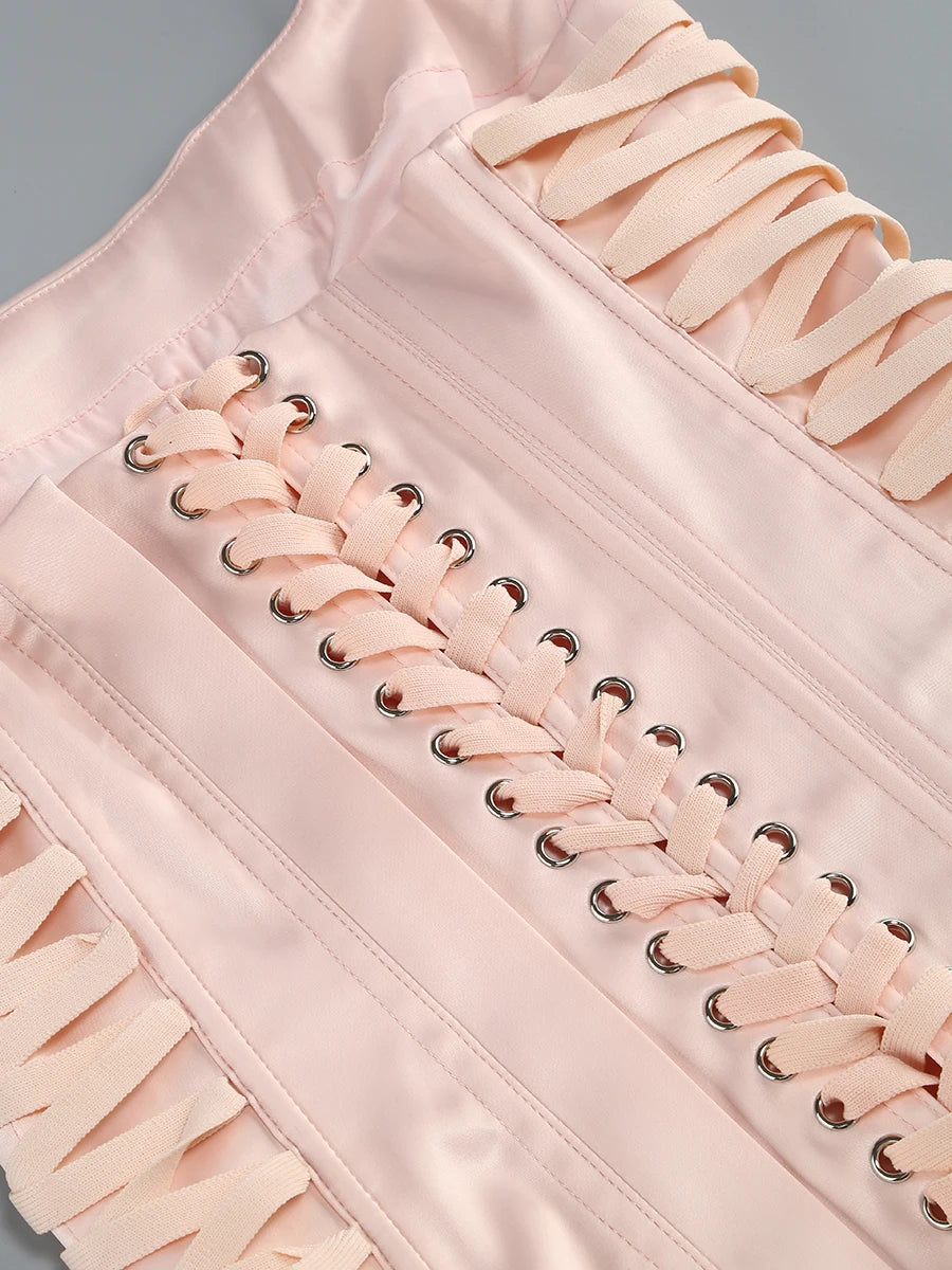 Pink Prom Dress Strapless Pink Structured Top With Floral Embellished Mini Skirt Bodycon Celebrity Party Cocktail 2 Pieces Set