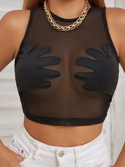 Fashion Round Neck Sleeveless Y2k Top Sexy Net Yarn Slightly Sheer Women Clothing High Stretch Embroidery Streetwear Crop Top