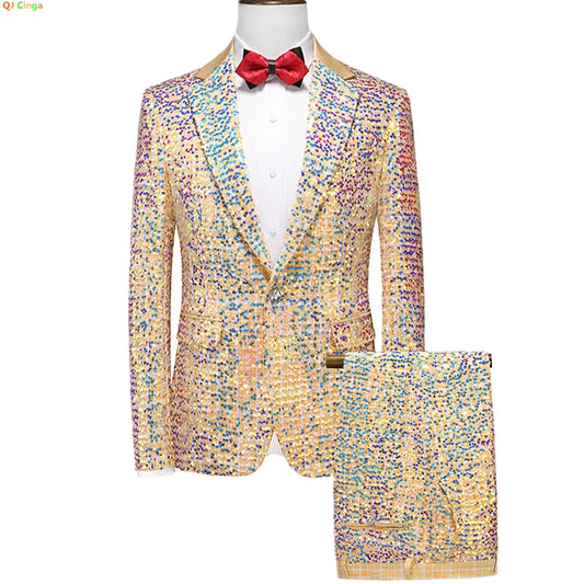 Sparkling Gold Sequins Men's Suit Two Piece,Wedding Party Dress Jacket and Trousers,Mens Stage Performance Sets, Size M-5XL, 6XL Gold