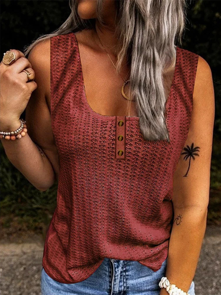 Solid Color Knitted U-Neck Vest Women's Summer Sleeveless Button T-Shirt Casual Tank Top Wine red