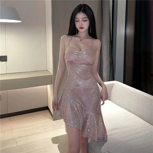 Biyaby Sexy Women Golden Mermaid Dresses Summer Spaghetti Strap Strapless Dress Woman Elastic Solid Color Bandage Vestidos Lady Gold