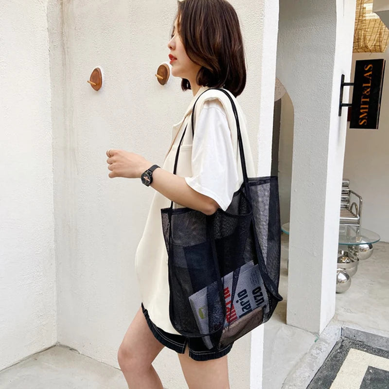 Summer Fashion Mesh Handbag Totes Hollow Out Shoulder Bags For Women Female Casual Fashion Large Capacity Shopping Pack