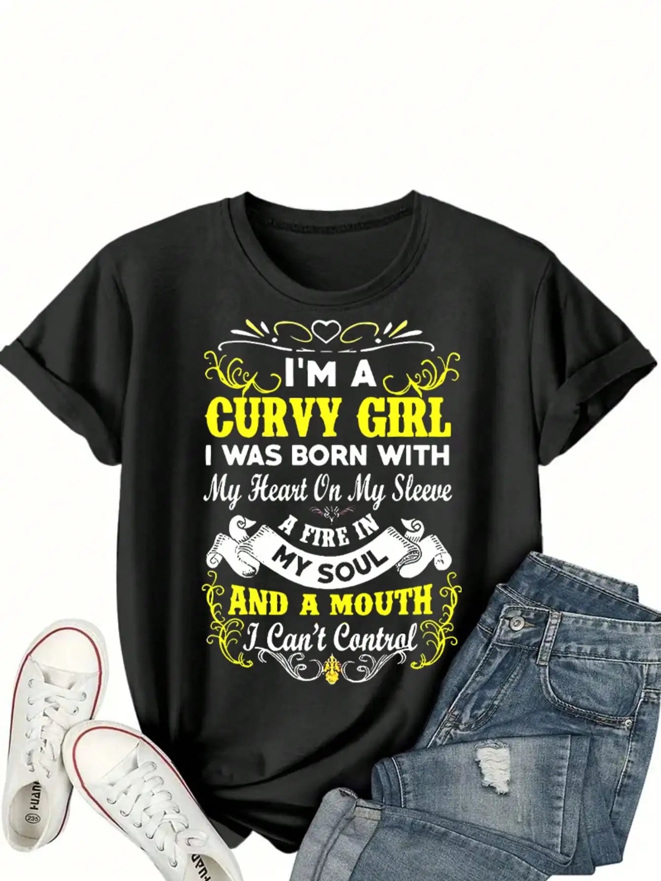 Plus Size Tops Women Clothes Curvy Girl Personalized Text Print Short Sleeved T-shirt Graphic Tees Women Tops black