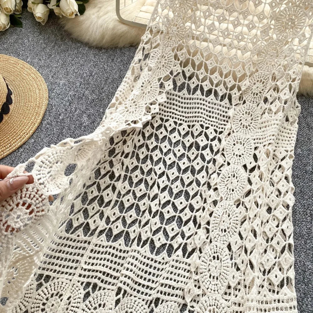 Women bohemian Sweet Knit cut out Hook flower hollow Cardigan Vintage Elegant Korean Fashion split Loose Coat Ins