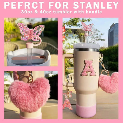 9PCS Accessory Set for Stanley Cup 30oz 40oz Butterfly Straw Cover Cap Silicone Boot Charm Initials Sticker Spill Proof Stopper Badiee Stylez