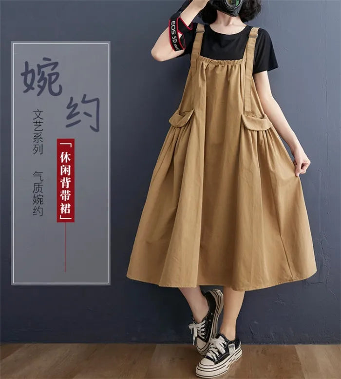 Female Dress Summer Mid-Length Loose Solid Color Pocket Swing Chic Casual Straps Dresses New Women Dress Vestidos Selling