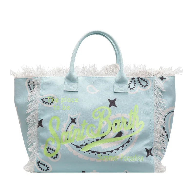 European and American Letters Tassel Canvas Bag Arge Capacity Handbags Travel Women Beach Tote Bag Fashion Casual Shopping Bags H 52x32x16cm