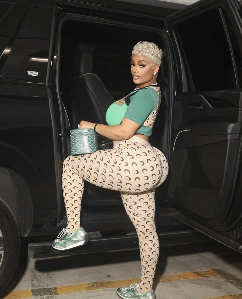 STYLISH LADY Letter Moon Printed Fitness 2 Piece Set Women Short Sleeve Crop Top and Skinny Pant Suits 2025 Summer Sports Outfit Badiee Stylez