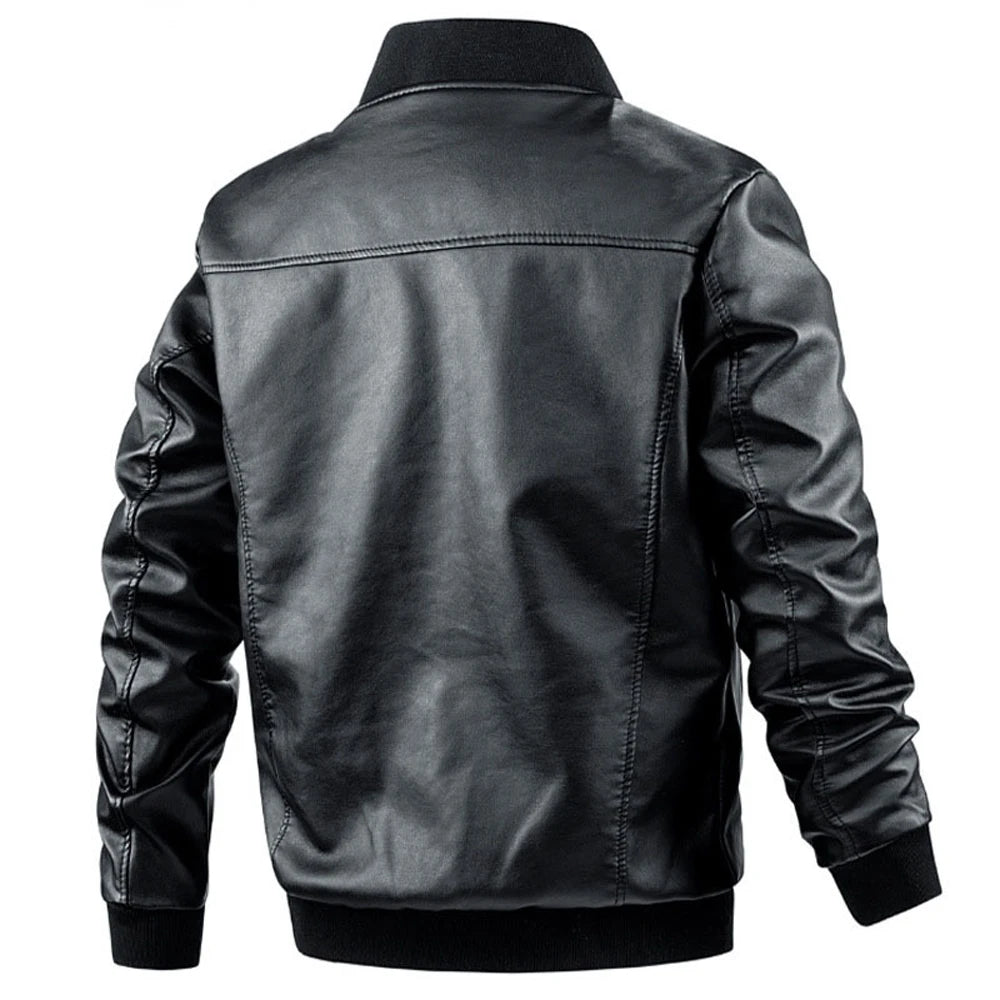 Men's Casual Leather Jacket Jacket Fashion Solid Color Collar Zipper Pocket Biker Clothing Bomber Motorcycle PU Jacket