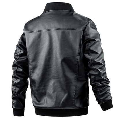 Men's Casual Leather Jacket Jacket Fashion Solid Color Collar Zipper Pocket Biker Clothing Bomber Motorcycle PU Jacket