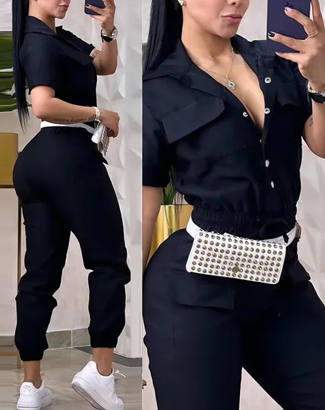 Sexy Elegant New Fashion 2024 Summer Casual Female Clothing Outfits Solid Color Short Sleeved High Waisted Workwear Jumpsuit B